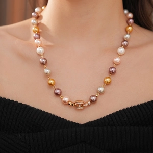 Elegant Multi Color Artificial Pearl Necklace Copper With Zircon Geometric Buckle Clavicle Chain Minimalist Jewelry Women