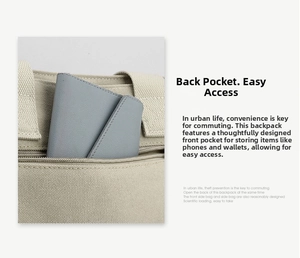 Detail of canvas shoulder bag showing a zippered back pocket with a blue leather wallet