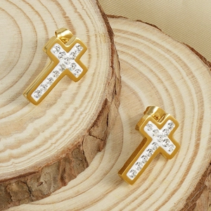 Cross-shaped 18K gold plated stainless steel earrings with sparkling white crystals