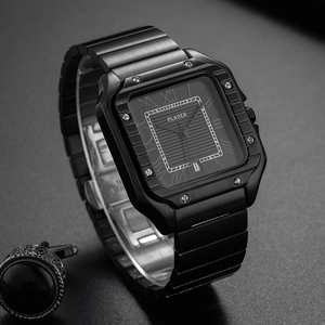 Macro detail of luxury black square dial quartz watch with metallic roman numerals