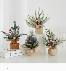Mini PE Christmas trees with frost, pinecones and berries in rustic burlap base decor