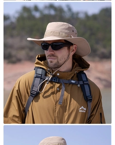 Outdoor sun hat in khaki with adjustable wind cord shown in hiking scenery