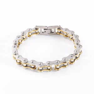Two-tone silver and gold stainless steel motorcycle chain bracelet for men with snap clasp
