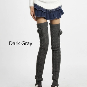 65cm dark grey cable knit over-knee leg warmers with pom-poms for winter warmth