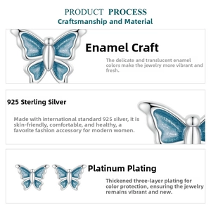 Detailed view of S925 sterling silver butterfly studs with blue enamel and platinum plating