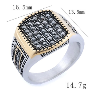 Men's vintage silver ring with gold frame and inset grey stones, 16.5mm x 13.5mm size