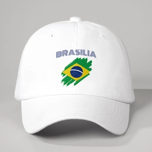 Detailed view of white baseball cap with Brasilia embroidery and green yellow graphics