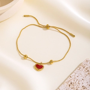 Dainty red heart pendant necklace in gold finish with adjustable sliding closure