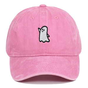 Detailed view of white ghost embroidery on a pink washed cotton baseball cap