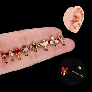 Helix Stud Earrings Stainless Steel Copper Zircon Screw Back Heart Star Moon Cartilage Piercing Jewelry For Women
