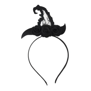Detail of Halloween black wizard hat headband with lace veil and three cloth roses