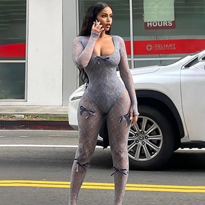 Sexy Lace See Through Long Sleeve Jumpsuit For Women With Bow Decoration Slim Fit Streetwear Polyester