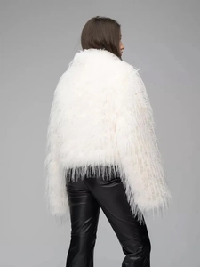 Short faux fur white jacket for women featuring fluffy textured long faux feather details