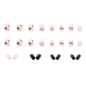Cute Halloween cat and fishbone doodle press-on nails in pink and black glossy finish