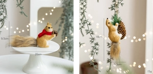 Detail of plush Christmas squirrel ornaments with red scarves and natural pine cones