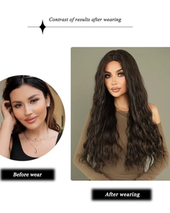 Comparison showing the before and after results of wearing the black body wave long wig