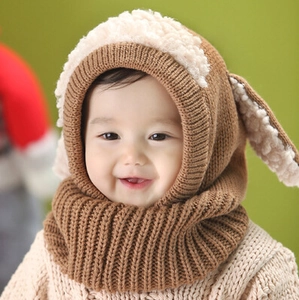 Cute puppy-themed knitted baby hood scarf with plush rabbit ears for winter warmth