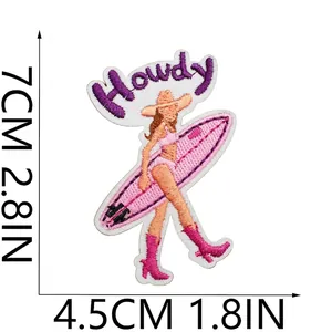 Pink Howdy surf girl embroidery patch, 7cm x 4.5cm dimensions on measured scale