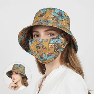 Bucket Hat And Face Mask Floral Print Polyester Sun Protection Outdoor Casual For Women Foldable