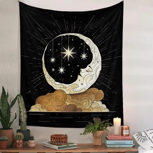 Detail of celestial moon and sun wall tapestry with premium gold silk screen printing