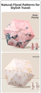 Detail view of folding umbrellas in pink peony and butterfly floral patterns