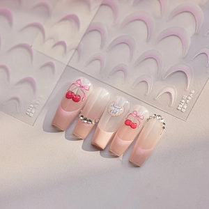 Pink French gradient nail stickers with cherry pattern and rhinestones on high-quality tips