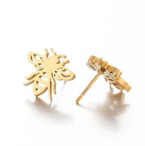 Matte gold stainless steel bee stud earrings with detailed wing texture for women