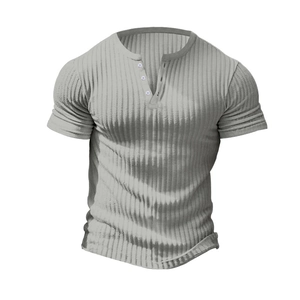 Close-up of grey slim fit Henley T-shirt featuring ribbed texture and three-button neckline