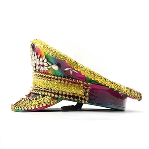 Side view of rainbow captain hat with gold sequins, metallic studs and clear rhinestones