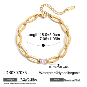 Golden stainless steel chain bracelet with rectangular zircon stone, 18+5cm length