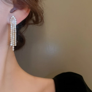 Elegant long tassel earrings with sparkling zircon crystals worn by a model in profile view