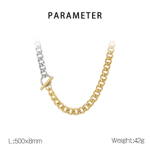Detail of two-tone stainless steel NK chain necklace with OT buckle and size specs
