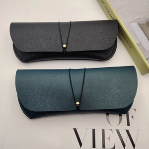 Portable Sunglasses Case PU Leather Lychee Pattern Soft Eyewear Pouch With Elastic Cord And Gold Bead Closure Lightweight