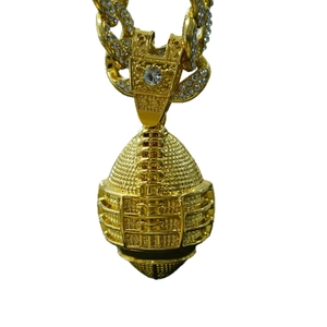 Hip hop rugby helmet and ball pendant necklace in golden finish with sparkling rhinestones