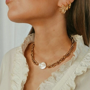 18K gold plated chunky chain necklace with white baroque pearl and hoop earrings set
