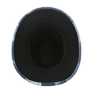 Detailed interior view of blue denim fedora hat featuring black lining and fabric texture