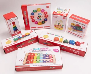 Seven types of educational wooden Montessori toys including xylophone and bead maze set