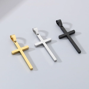 Polished stainless steel cross pendants in gold, silver, and black finish options