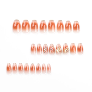 24pcs gradient orange-red coffin press-on nails with 3D floral and butterfly designs