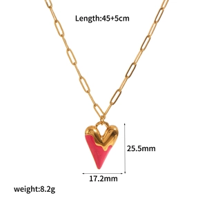 Fashion heart pendant necklace in gold and pink enamel with 45+5cm adjustable chain
