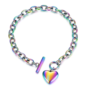 Stainless Steel Rainbow Heart Pendant Necklace And Bracelet Fashion Colorful Toggle Clasp Jewelry For Women