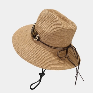 Ethnic wide brim straw sun hat with beaded cord and adjustable wind strap for outdoor travel