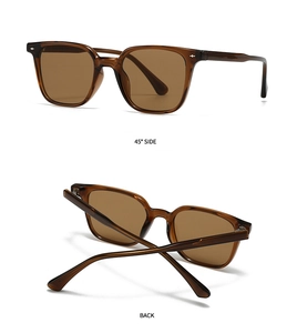 Detailed views showing the 45-degree side profile and back of dark brown square sunglasses