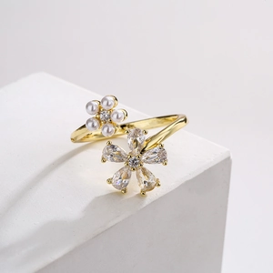 18K gold-plated double flower open ring featuring sparkling zircons and white pearls