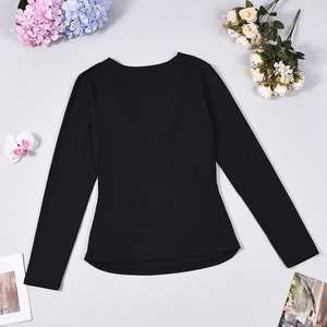 Flat lay of a slim-fit black long-sleeve top with elegant cowl neck and ruched details
