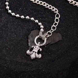 Vintage silver fleur-de-lis pendant necklace with zircons and beaded chain