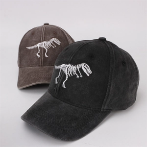 Washed cotton kids baseball cap featuring white dinosaur skeleton embroidery