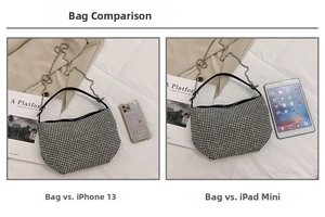 Silver rhinestone hobo bag size comparison with iPhone 13 and iPad mini tablets