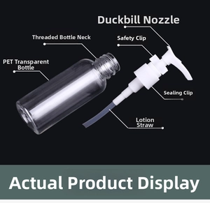 Detailed view of PET lotion bottle with a white pump head and a secure safety clip