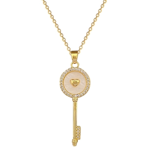 Luxurious gold titanium steel key necklace with shell inlay and shimmering zircon stones